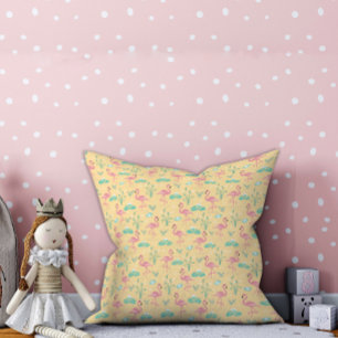 Pink Flamingo cute yellow pattern Throw Pillow