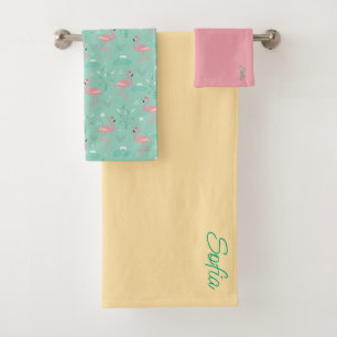  Pink Flamingo cute yellow  teal pattern Bath Towel Set