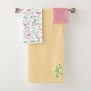 Pink Flamingo cute yellow  teal pattern Bath Towel Set