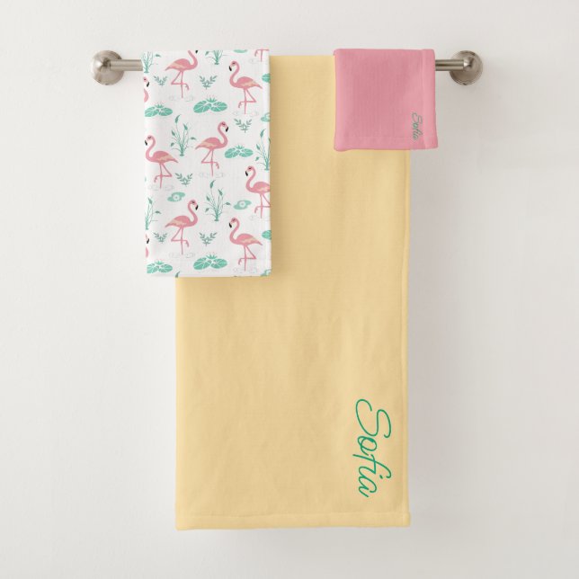  Pink Flamingo cute yellow  teal pattern Bath Towel Set (Insitu)