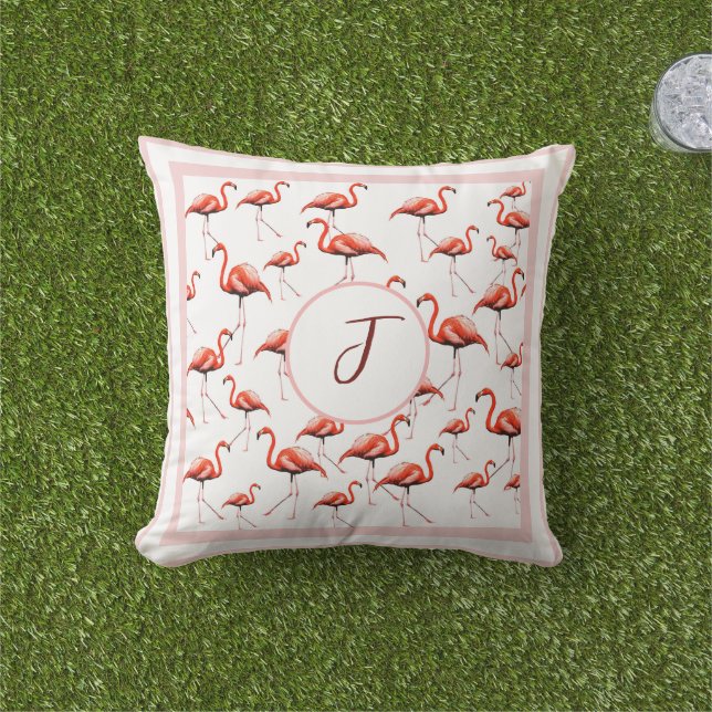 Pink Flamingo Design Custom Family Monogram Summer Outdoor Pillow (Grass)