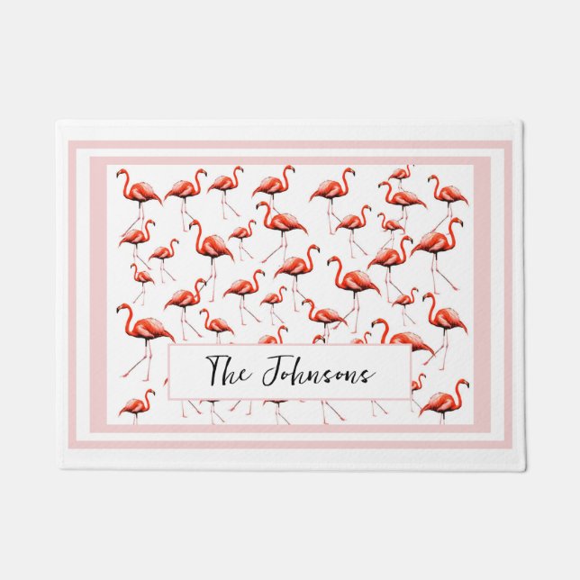 Pink Flamingo Design Custom Family Name Summer Doormat (Front)