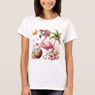 Pink Flamingo Design On Ladies Apparel T-Shirt