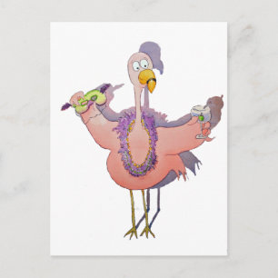 Pink Flamingo Drink Mardi Gras Watercolor Paiting Postcard