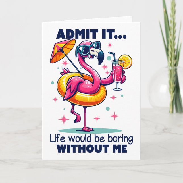 Pink Flamingo Drinking Tails Summer Vacation Beach Card (Front)