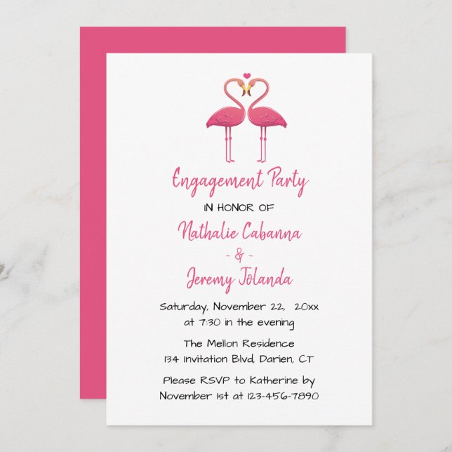 Pink Flamingo Engagement Party Tropical Beach Invitation (Front/Back)