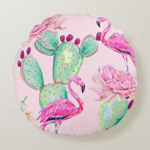 Pink flamingo, exotic birds, gentle flowers, rose, round pillow