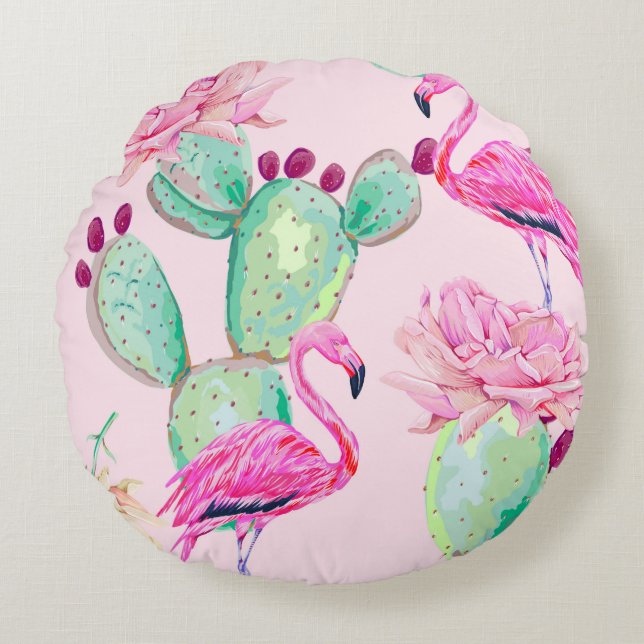 Pink flamingo, exotic birds, gentle flowers, rose, round pillow (Front)