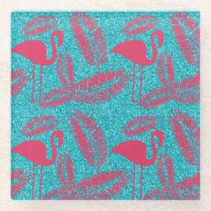 Pink Flamingo Exotic Birds Lover Palm Leaves Glass Coaster