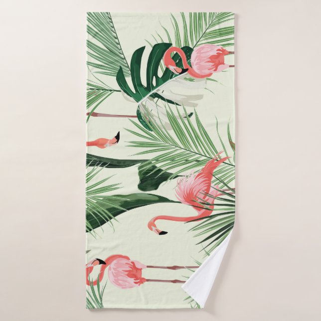 Pink Flamingo Exotic Flowers Pattern Bath Towel (Bath Towel)