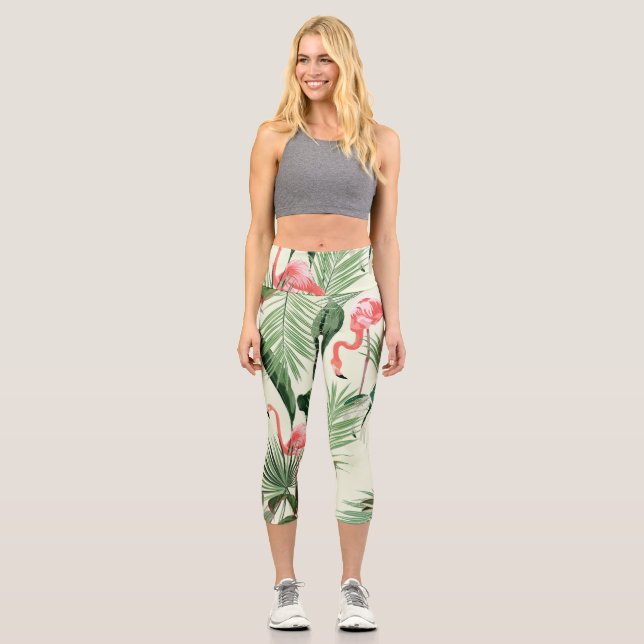 Pink Flamingo Exotic Flowers Pattern Capri Leggings (Front)