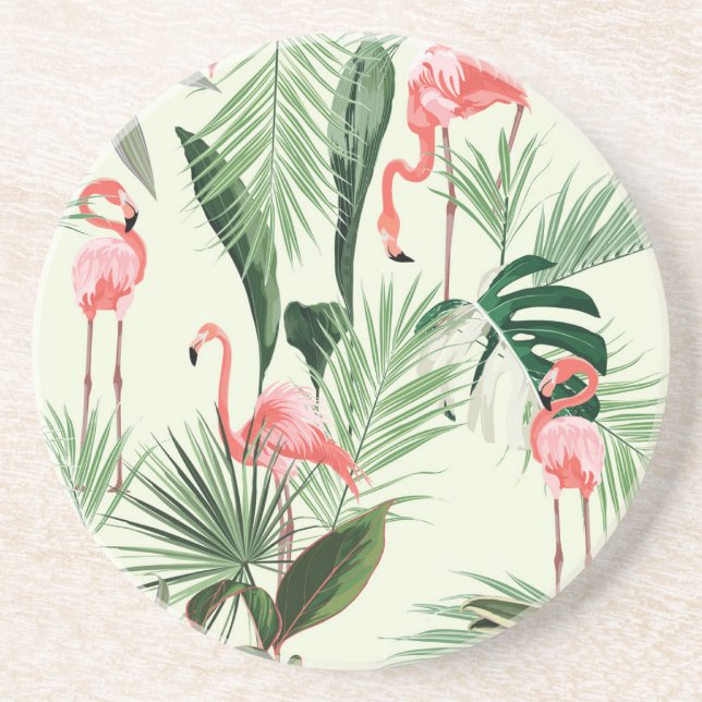 Pink Flamingo Exotic Flowers Pattern Coaster (Front)