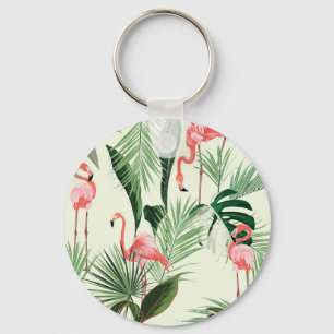 Pink Flamingo Exotic Flowers Pattern Keychain