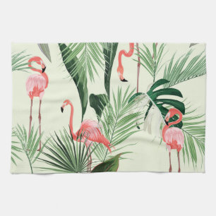 Pink Flamingo Exotic Flowers Pattern Kitchen Towel