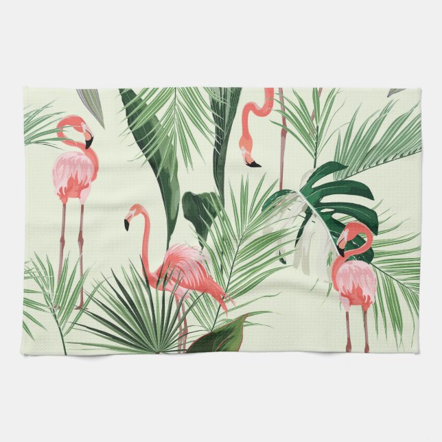 Pink Flamingo Exotic Flowers Pattern Kitchen Towel (Horizontal)
