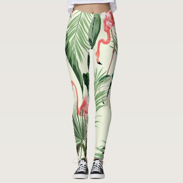 Pink Flamingo Exotic Flowers Pattern Leggings (Front)
