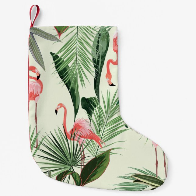 Pink Flamingo Exotic Flowers Pattern Small Christmas Stocking (Front)