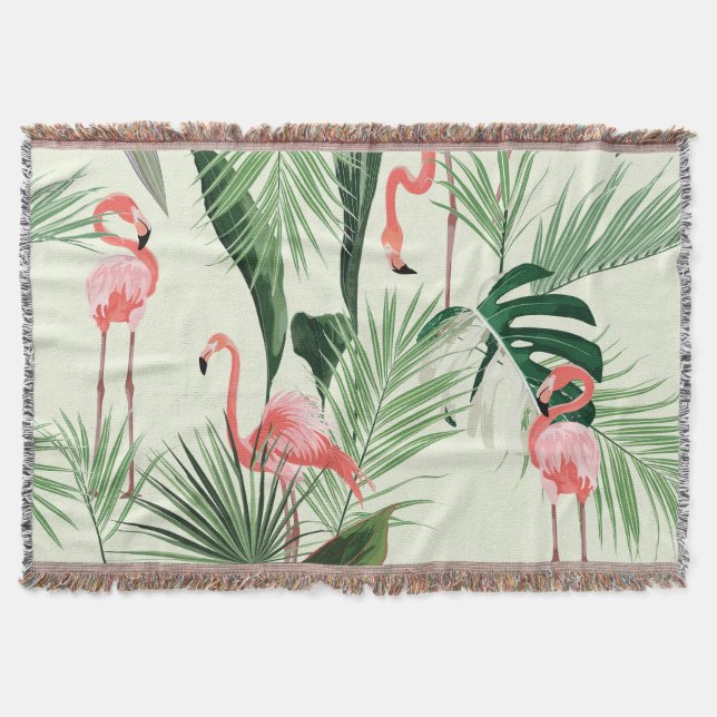 Pink Flamingo Exotic Flowers Pattern Throw Blanket (Front)