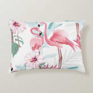 Pink Flamingo: Exotic Flowers Seamless. Accent Pillow