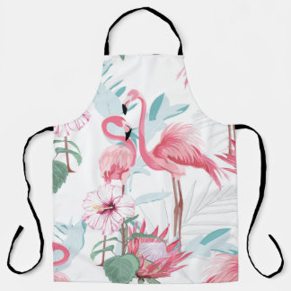 Pink Flamingo: Exotic Flowers Seamless. Apron
