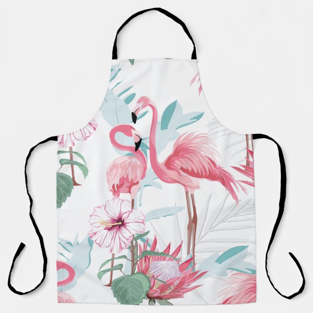 Pink Flamingo: Exotic Flowers Seamless. Apron (Front)
