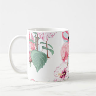 Pink Flamingo: Exotic Flowers Seamless. Coffee Mug