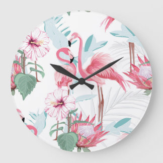 Pink Flamingo: Exotic Flowers Seamless. Large Clock