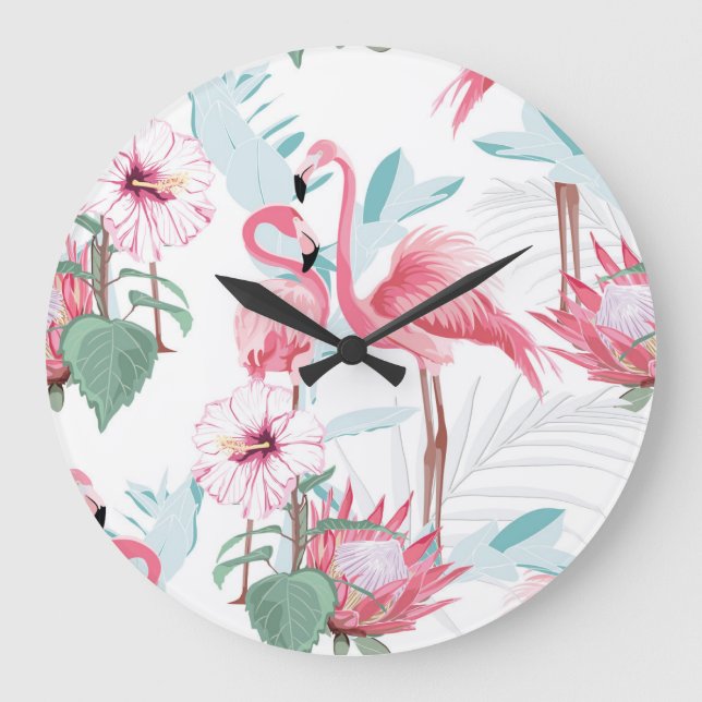 Pink Flamingo: Exotic Flowers Seamless. Large Clock (Front)