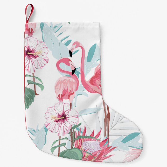Pink Flamingo: Exotic Flowers Seamless. Small Christmas Stocking (Front)