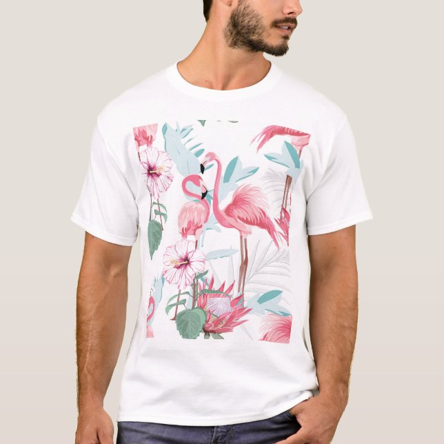 Pink Flamingo: Exotic Flowers Seamless. T-Shirt (Front)