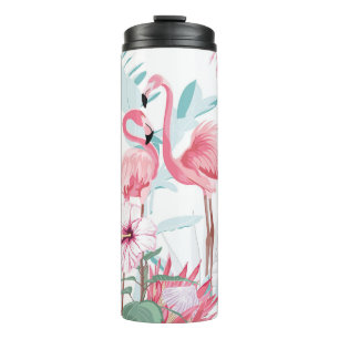 Pink Flamingo: Exotic Flowers Seamless. Thermal Tumbler
