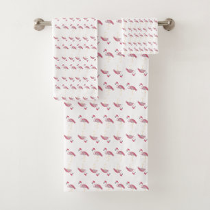 Pink Flamingo Flamingos Stripes  Tablecloth Bath Towel Set