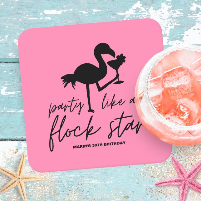 Pink Flamingo Flock Star Tropical Birthday Square Paper Coaster (Creator Uploaded)
