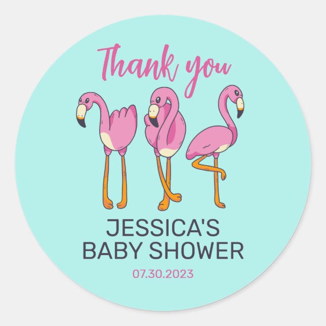 Pink Flamingo Flock Turquoise Blue Baby Shower Classic Round Sticker (Front)