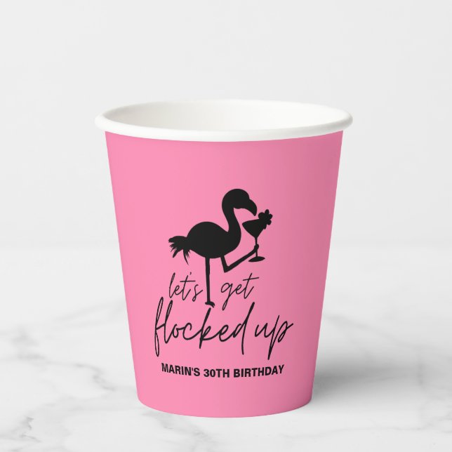 Pink Flamingo Flocked Up Tropical Birthday Paper Cups (Front)