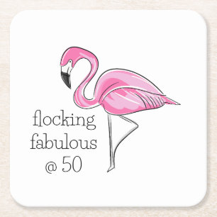 Pink Flamingo Flocking Fabulous at Fifty Square Paper Coaster