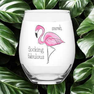 Pink Flamingo Flocking Fabulous Girl's Night Name Stemless Wine Glass
