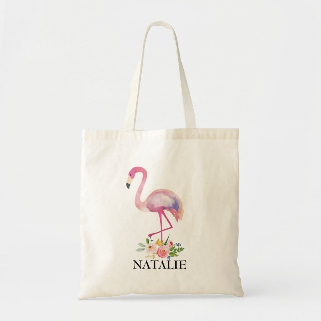 Pink Flamingo Floral Kids Girl Personalized Gift Tote Bag (Front)