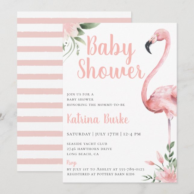 Pink Flamingo Floral Tropical Theme Baby Shower Invitation (Front/Back)
