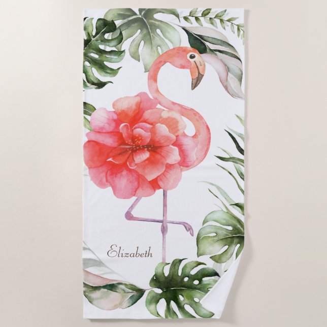 Pink Flamingo Flower,Gold Confetti Palm Leaf Beach Towel (Front)