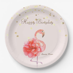 Pink Flamingo Flower,Gold Confetti Paper Plate