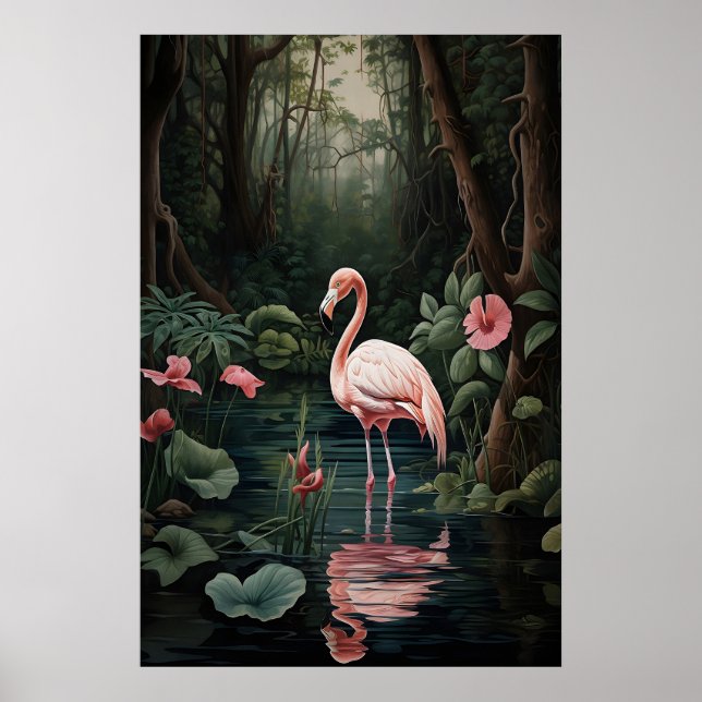 Pink Flamingo Forest River Print, Tropical Poster (Front)