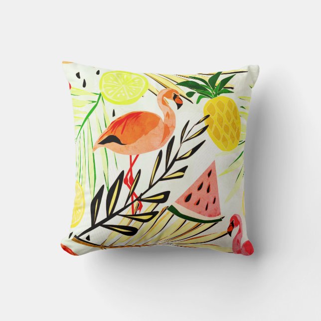 Pink Flamingo & fruit. Throw Pillow (Front)