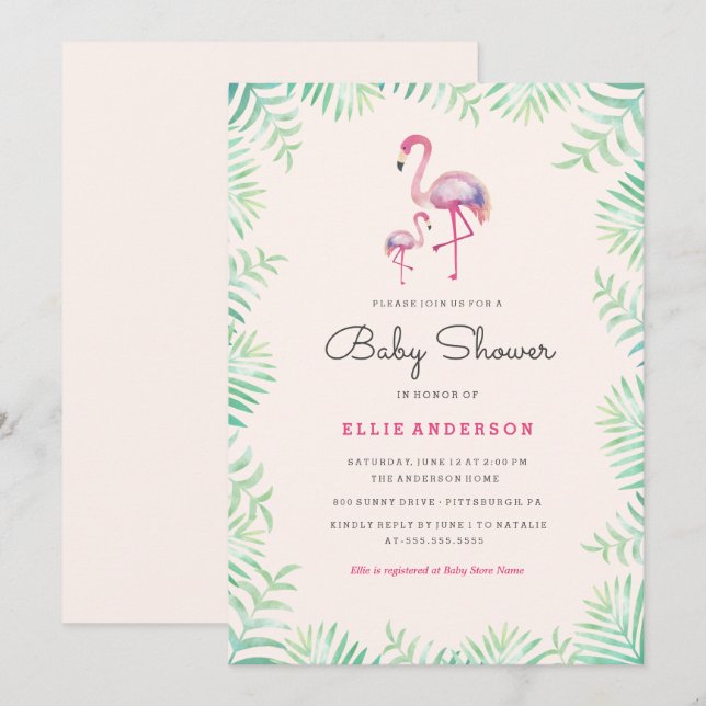 Pink Flamingo Girl Baby Shower Invitation (Front/Back)