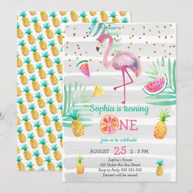 Pink Flamingo Girl First Birthday Tropical Summer Invitation (Front/Back)