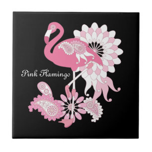 Pink Flamingo Girly Cute Personalized Black Tile