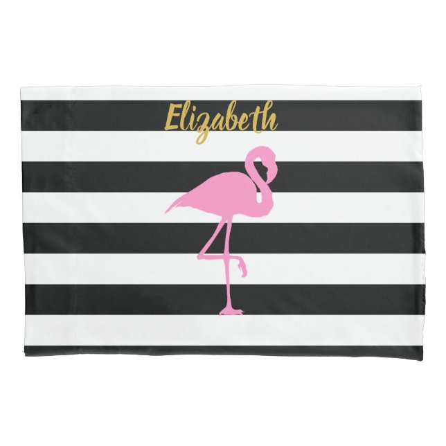 Pink Flamingo Gold Script Black White Stripes Pillowcase (Front)