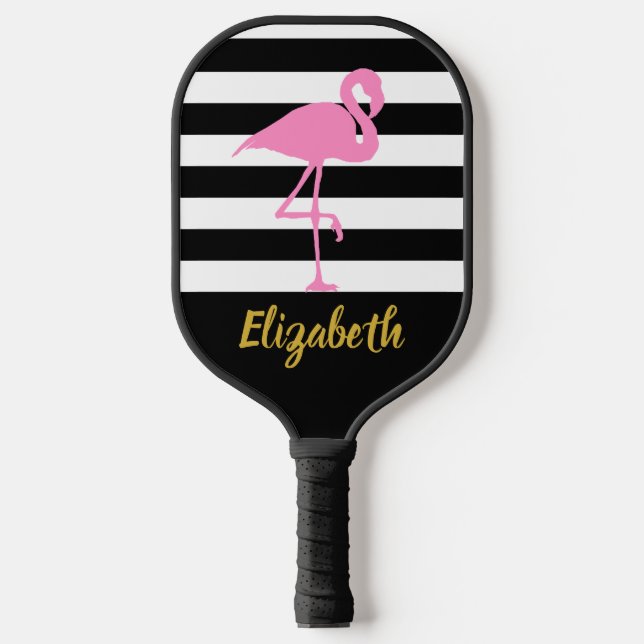 Pink Flamingo Gold Script Name Black White Stripes Pickleball Paddle (Front)