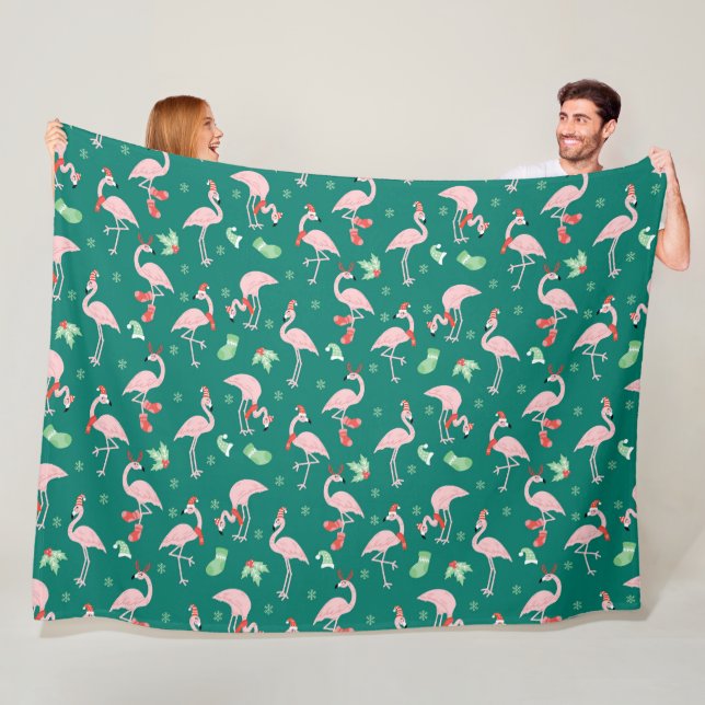 Pink Flamingo Green Christmas Holiday Pattern  Fleece Blanket (In Situ)