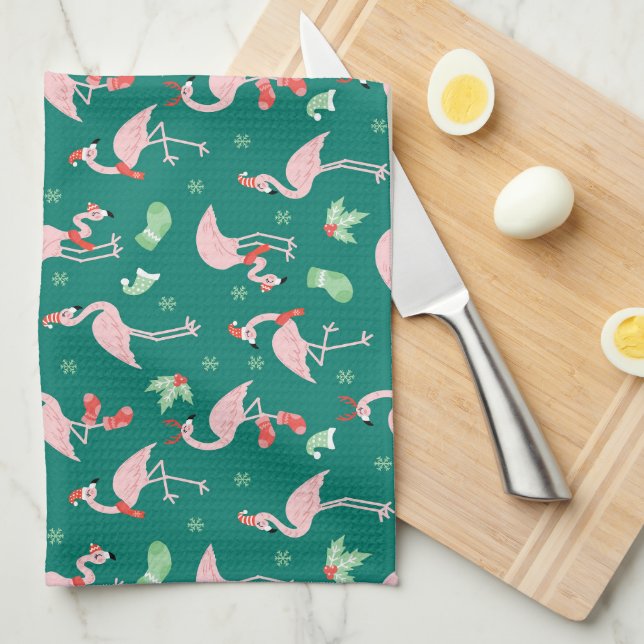 Pink Flamingo Green Christmas Holiday Pattern  Kitchen Towel (Quarter Fold)